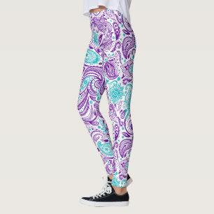 Lila türkisfarbenes und weißes Paisley-Muster Leggings