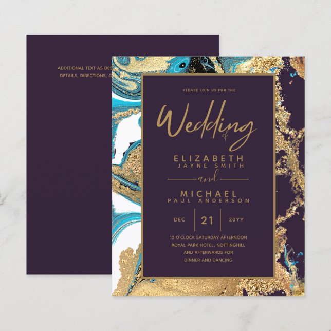 Lila Turquoise Gold Agate Budget Hochzeit lädt ein (Vorne/Hinten)