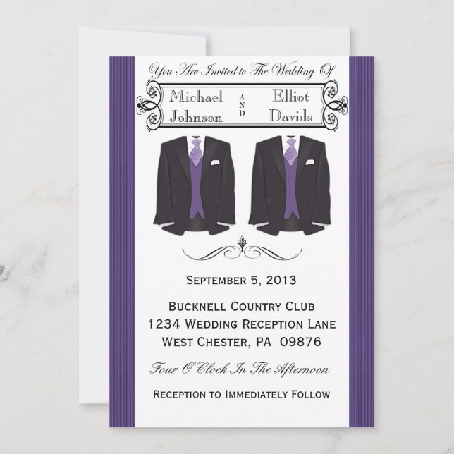 Lila Tuxedo Gay Wedding Einladungen (Vorderseite)