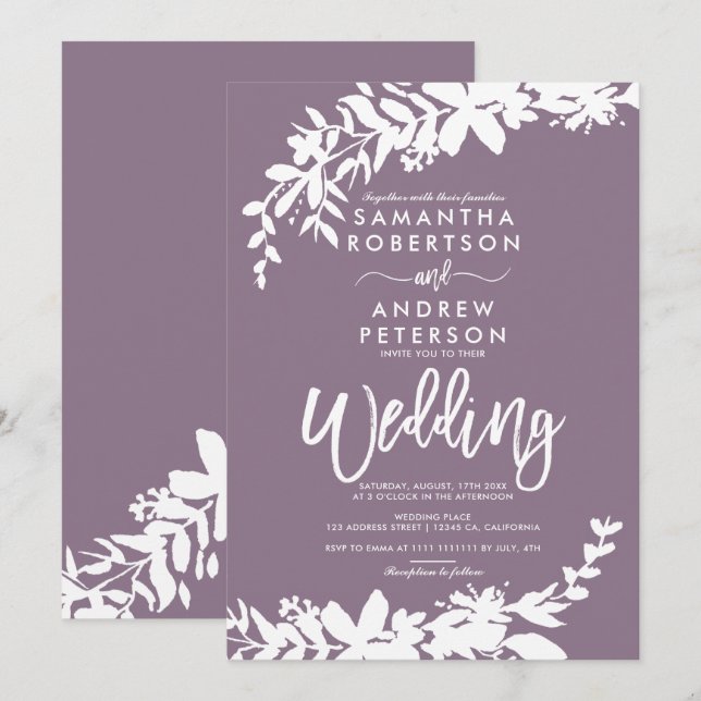 Lila Typografie Blumenweiße Hochzeit Einladung (Vorne/Hinten)