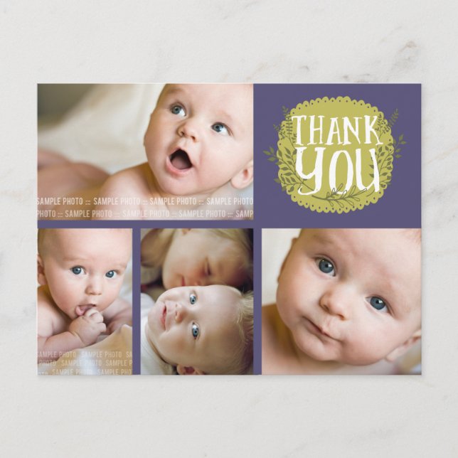 Lila Typografie Foto Baby Danke Post Card Ankündigungspostkarte (Vorderseite)