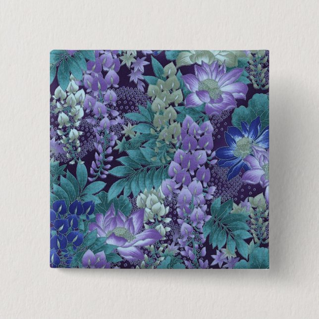 Lila u. aquamarine Dschungel-Blumen Button (Vorderseite)