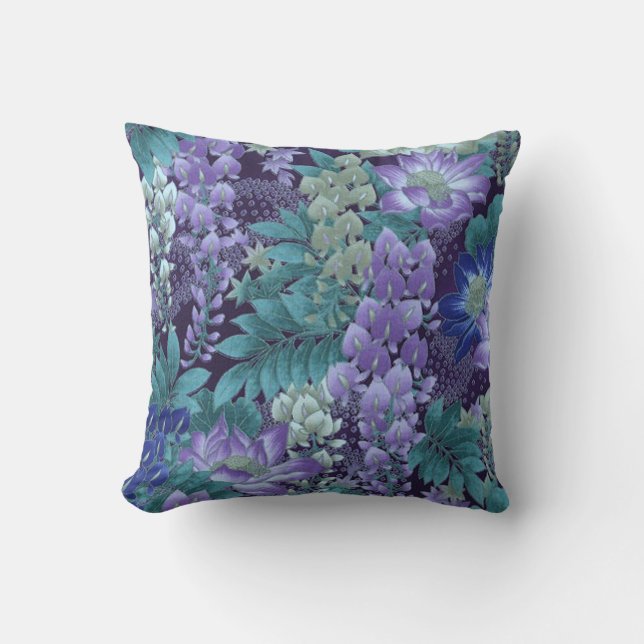 Lila u. aquamarine Dschungel-Blumen Kissen (Vorderseite)