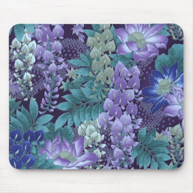 Lila u. aquamarine Dschungel-Blumen Mousepad (Vorne)