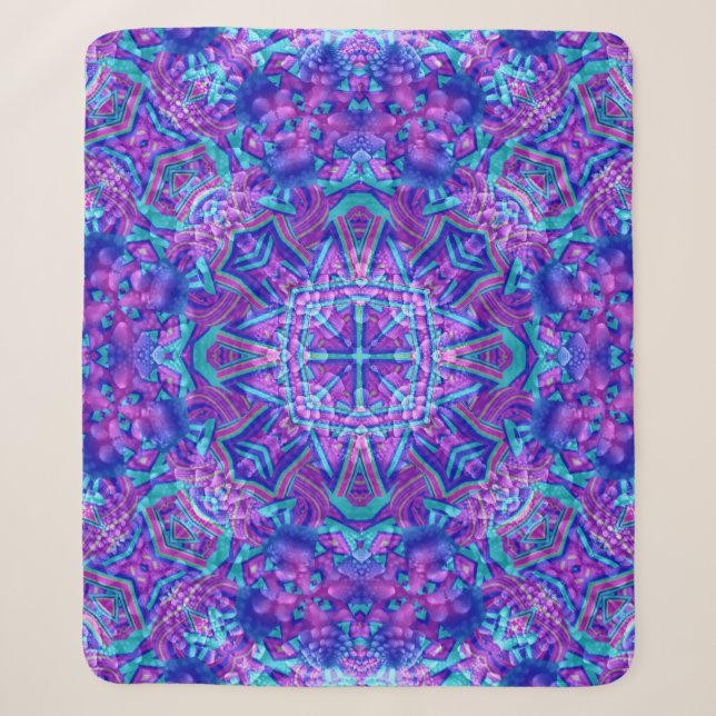Lila u. blaues Vintages Fraktal-Kaleidoskop Sherpadecke (Vorderseite)