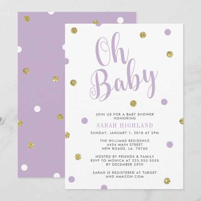 Lila u. GoldGlitzer-oh Baby-Dusche Einladung (Vorne/Hinten)
