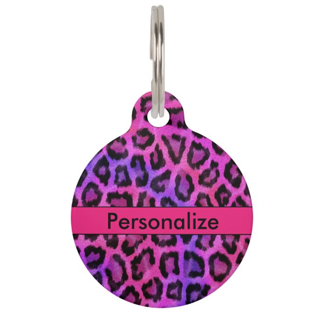"Lila u. rosa Leopard-Druck-" runder großer Tiernamensmarke (Vorderseite)