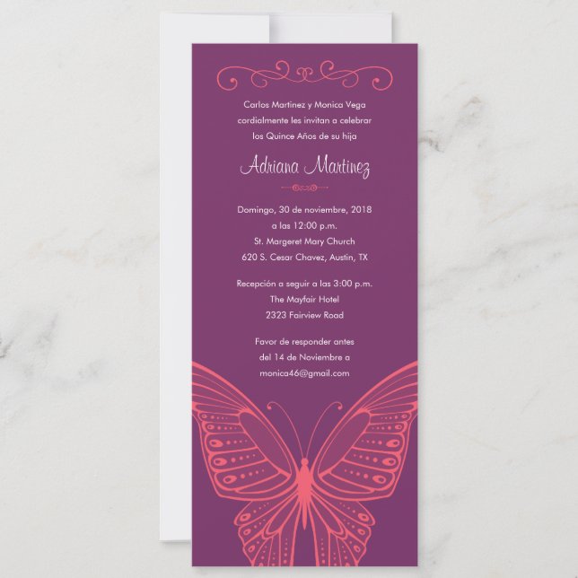 Lila u. rosa Schmetterling Quinceanera Einladungen (Vorderseite)