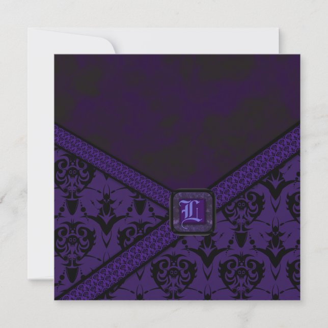 Lila u. schwarze Goth Spitze-Hochzeit Einladung (Vorderseite)
