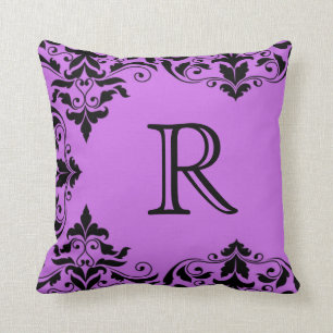 Lila u. schwarzes Monogramm-Damast-Kissen Kissen