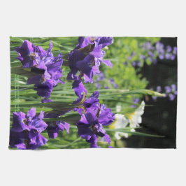Lila u. weiße sibirische Iris, falsches Indigo Geschirrtuch