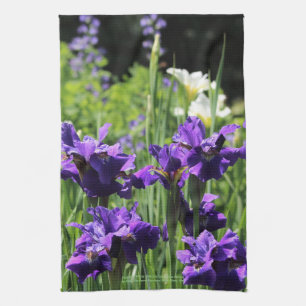 Lila u. weiße sibirische Iris, falsches Indigo Geschirrtuch