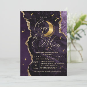 Lila Über den Mond Goldene Sterne Baby Shower Einladung