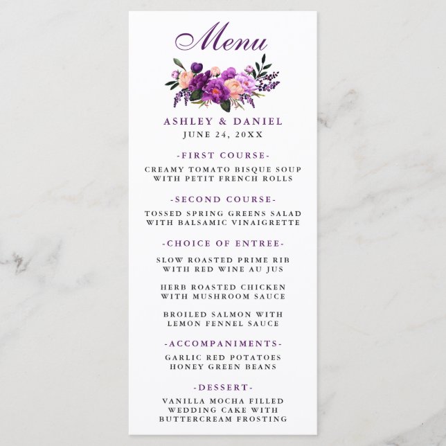 Lila Ultra-Violet-Blumenhochzeit Menükarte (Vorderseite)