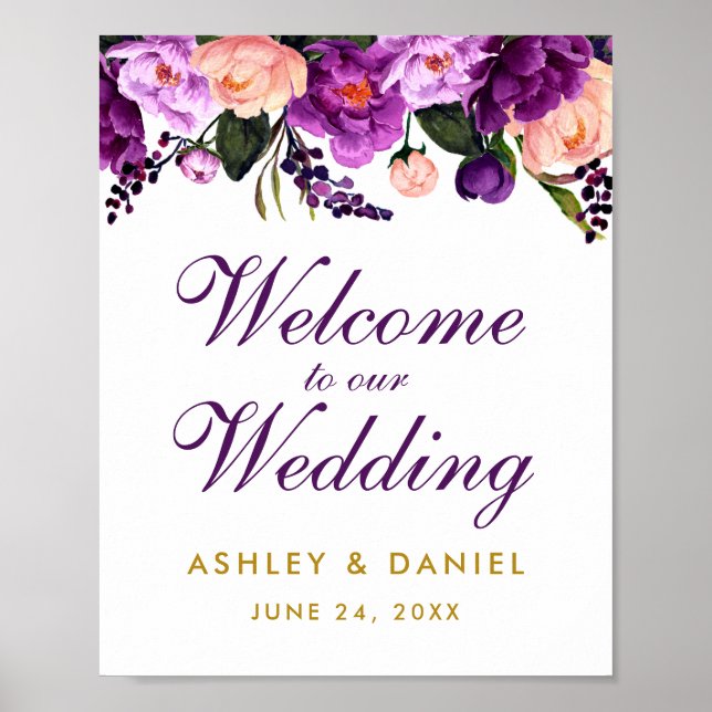 Lila Ultra Violet Floral Gold Hochzeit Willkommen Poster (Vorne)