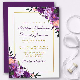 Lila Ultra-Violet-Floral-Gold-Hochzeitsreise mit P Einladung