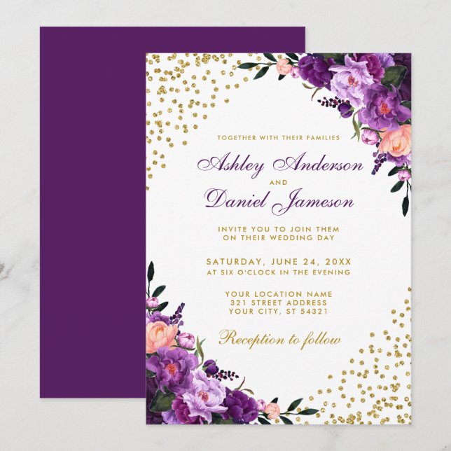 Lila Ultra-Violet-Glitzer-Hochzeit Einladung (Vorne/Hinten)