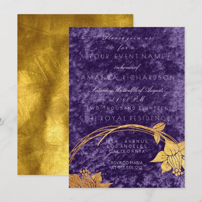 Lila Ultra-Violet-Gold-Blumenstrauß-Velvet Einladung (Vorne/Hinten)