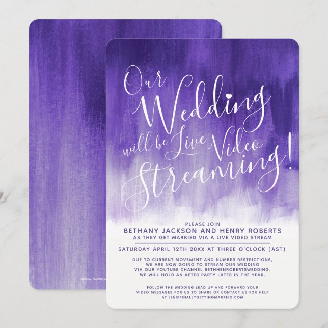 Lila ultraviolette Kunst live übertragen Hochzeit Einladung (Vorne/Hinten)