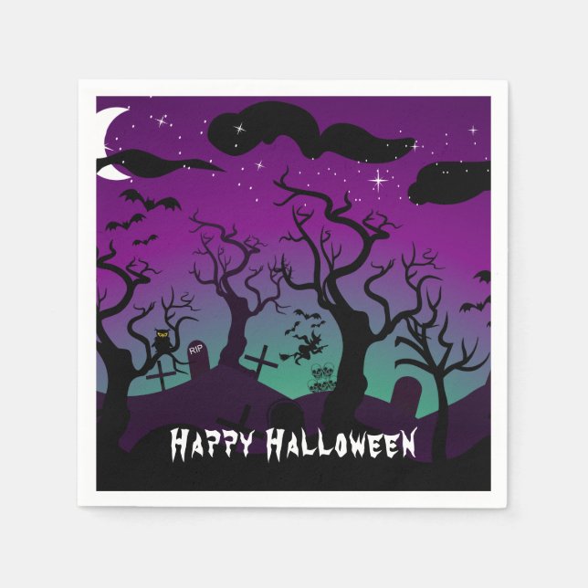 Lila und aqua Spuk Friedhof Halloween Serviette (Vorderseite)