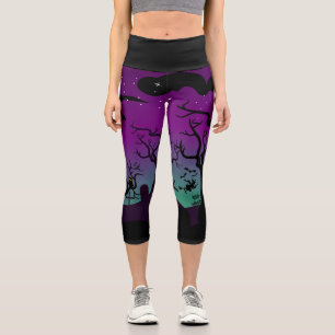 Lila und aquablau Spuk Friedhof Halloween Capri Leggings