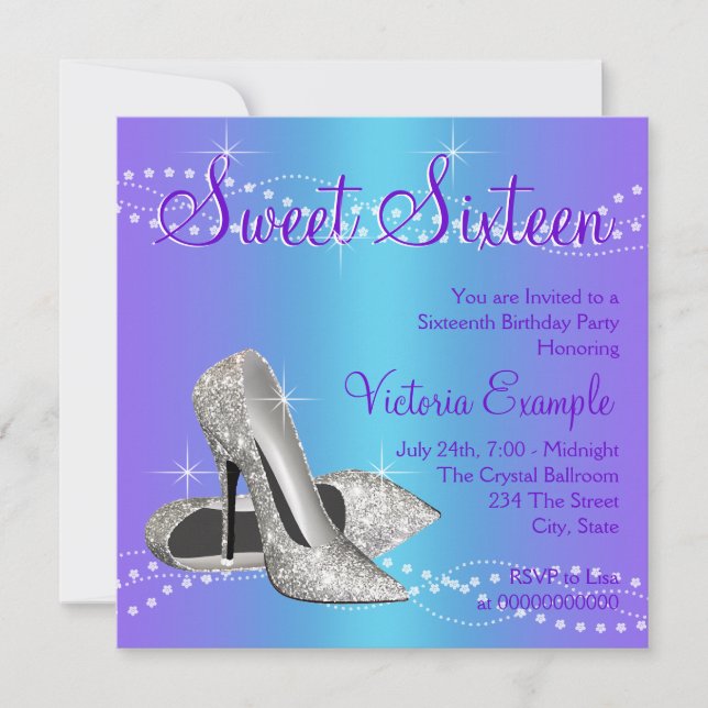 Lila und Aquamarin Blue Sweet 16 Party Einladung (Vorderseite)