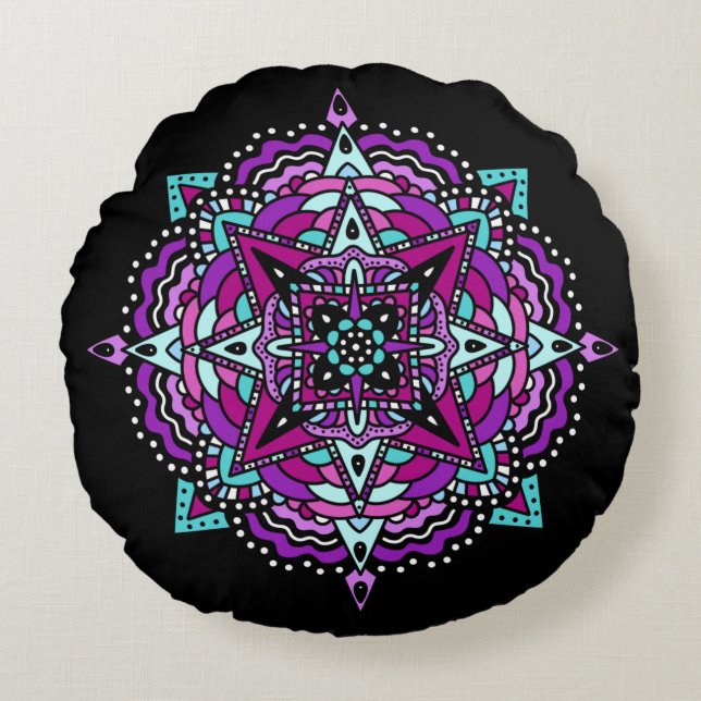 Lila und Aquamarin Mandala Rundes Kissen (Vorderseite)