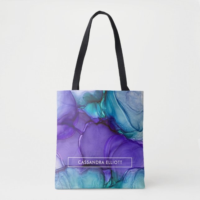 Lila und Aquamarine Alkoholtinte Abstrakte Kunst Tasche (Vorderseite)