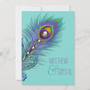 Lila und aquamarine blaue Pfau-Hochzeit Einladung