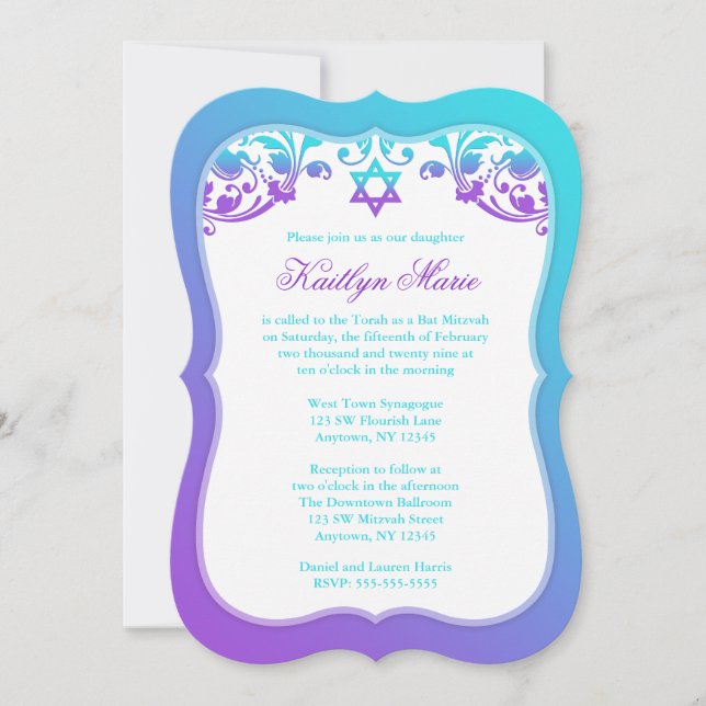 Lila und Aquamarine blaue Wirbel Bat Mitzvah Einladung (Vorderseite)