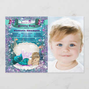 Lila und Aquamarine Blonde Mermaid Birthday Party Einladung