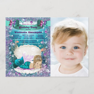Lila und Aquamarine Blonde Mermaid Birthday Party Einladung