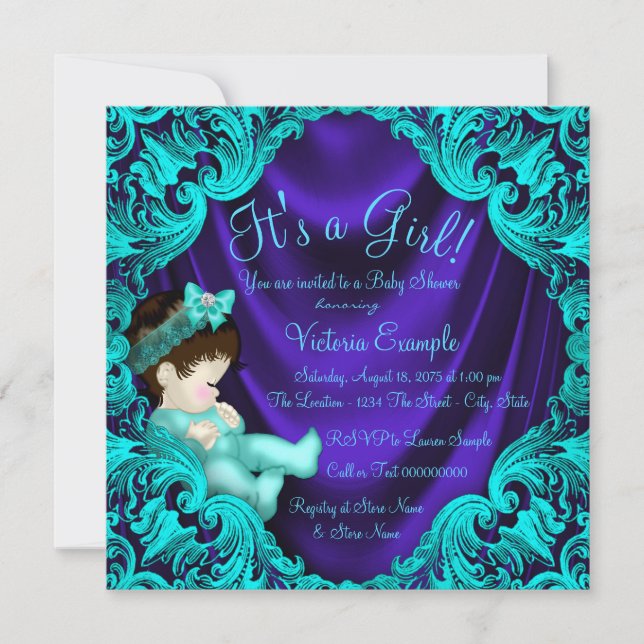 Lila und Aquamarine Blue Baby Dusche Einladung (Vorderseite)