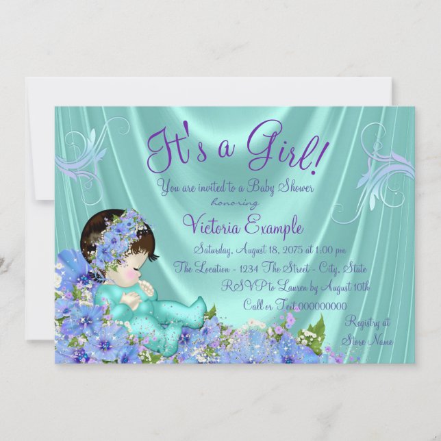 Lila und Aquamarine Blue Baby Dusche Einladung (Vorderseite)