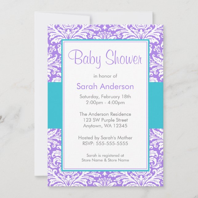 Lila und Aquamarine Blue Damask Kinderdusche Einladung (Vorderseite)