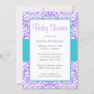 Lila und Aquamarine Blue Damask Kinderdusche Einladung