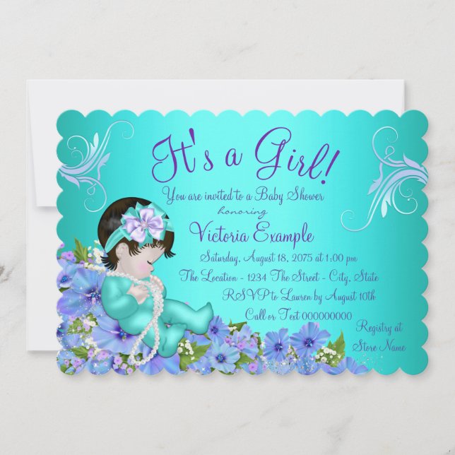 Lila und Aquamarine Blue Floral Baby Dusche Einladung (Vorderseite)