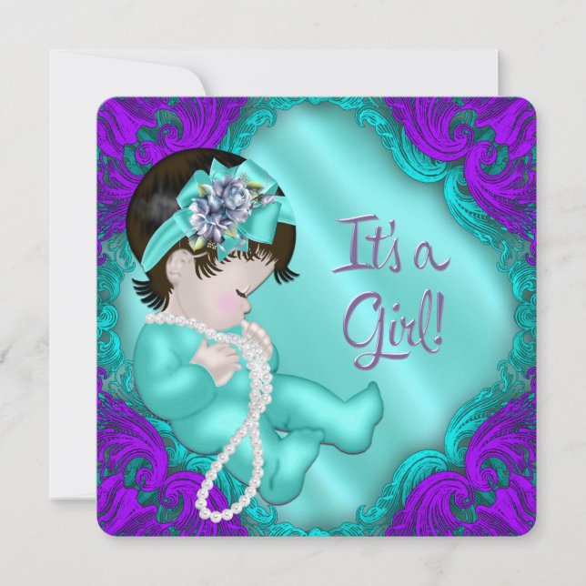 Lila und Aquamarine Blue Girl Baby Dusche Einladung (Vorderseite)