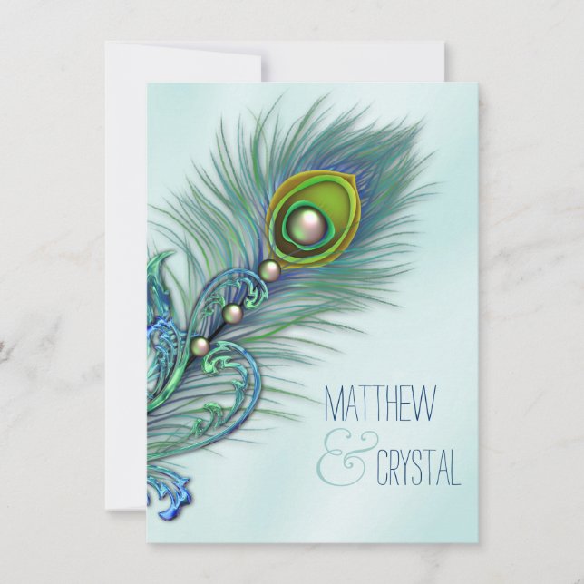 Lila und Aquamarine Blue Peacock-Hochzeit Einladung (Vorderseite)