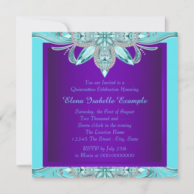 Lila und Aquamarine Blue Quinceanera Einladung (Rückseite)