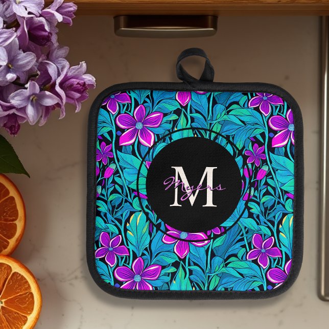 Lila und Aquamarine Blume und Personalisierte Foli Topflappen (Von Creator hochgeladen)