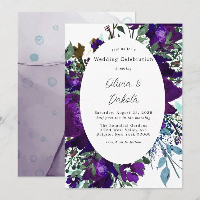 Lila und Aquamarine Botanische Hochzeit Einladung (Vorne/Hinten)