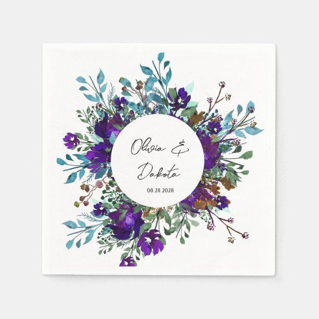 Lila und Aquamarine Botanische Hochzeit Serviette (Vorderseite)