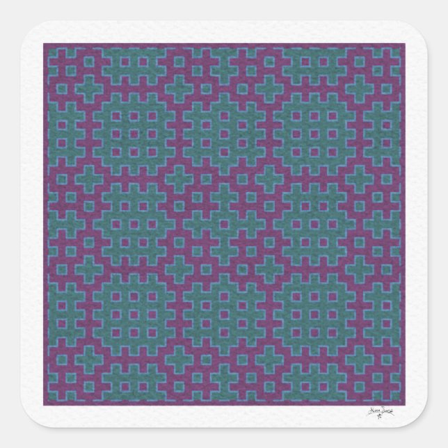 lila und aquamarine Hitomezashi-geometrische Kache Quadratischer Aufkleber (Vorderseite)