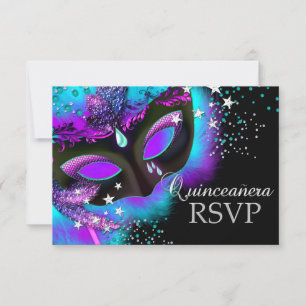 Lila und Aquamarine Masquerade Quinceanera UAWG RSVP Karte
