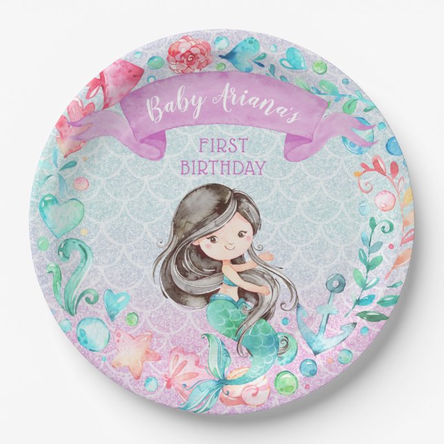 Lila und Aquamarine Mermaid Custom First Birthday Pappteller (Vorderseite)