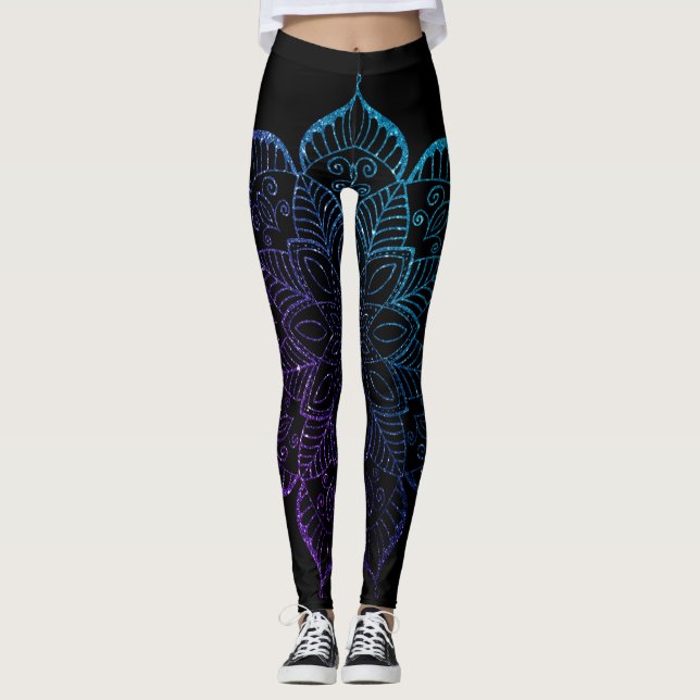 Lila und Aquamarine Ombre Imitate Glitzer Mandala  Leggings (Vorderseite)