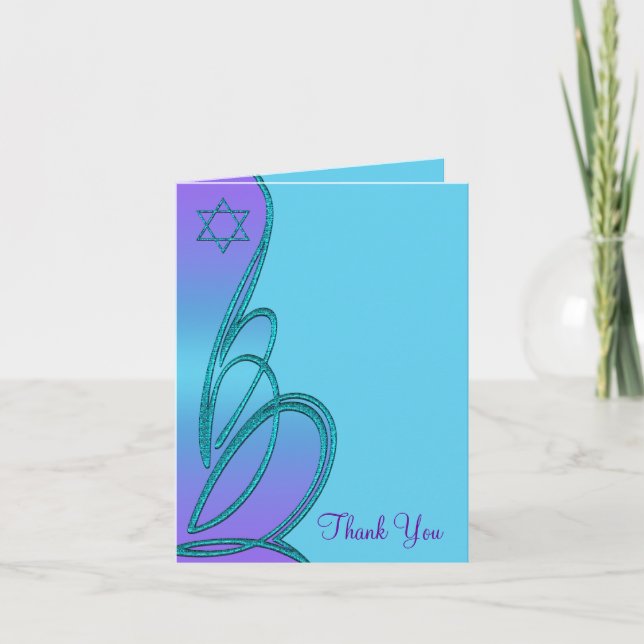 Lila und aquamariner blauer Schläger Mitzvah Dankeskarte (Vorderseite)