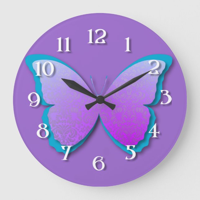 Lila und Aquamariner Damast-Schmetterling Große Wanduhr (Vorderseite)