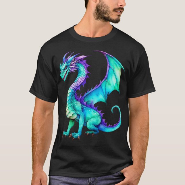 Lila und Aquamariner Wasserfarbendrache T-Shirt (Vorderseite)